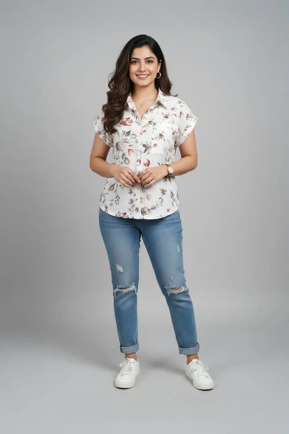 Cream Floral Print Casual Shirt Top for Women
