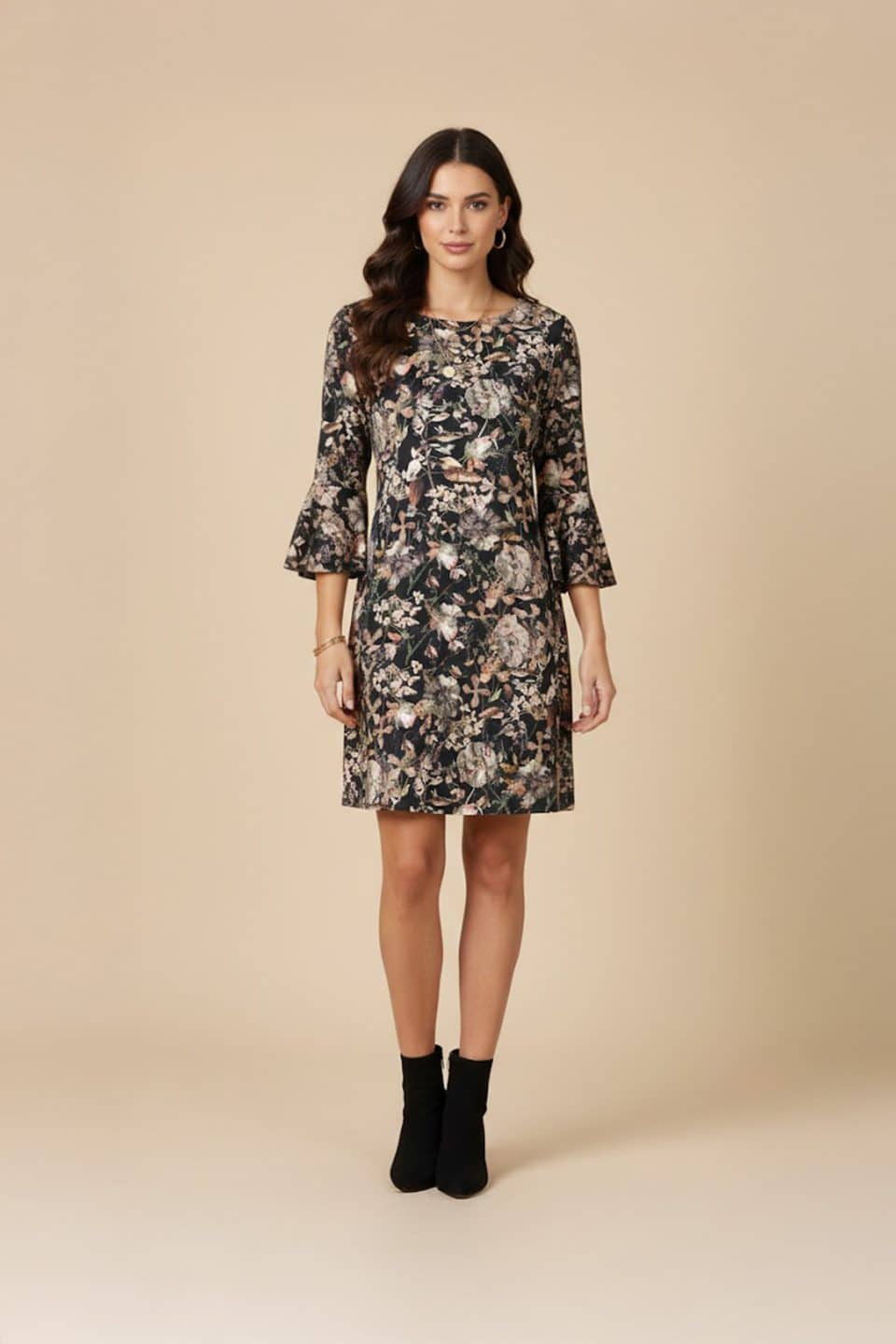 Black floral shift dress with round neckline and three-quarter bell sleeves