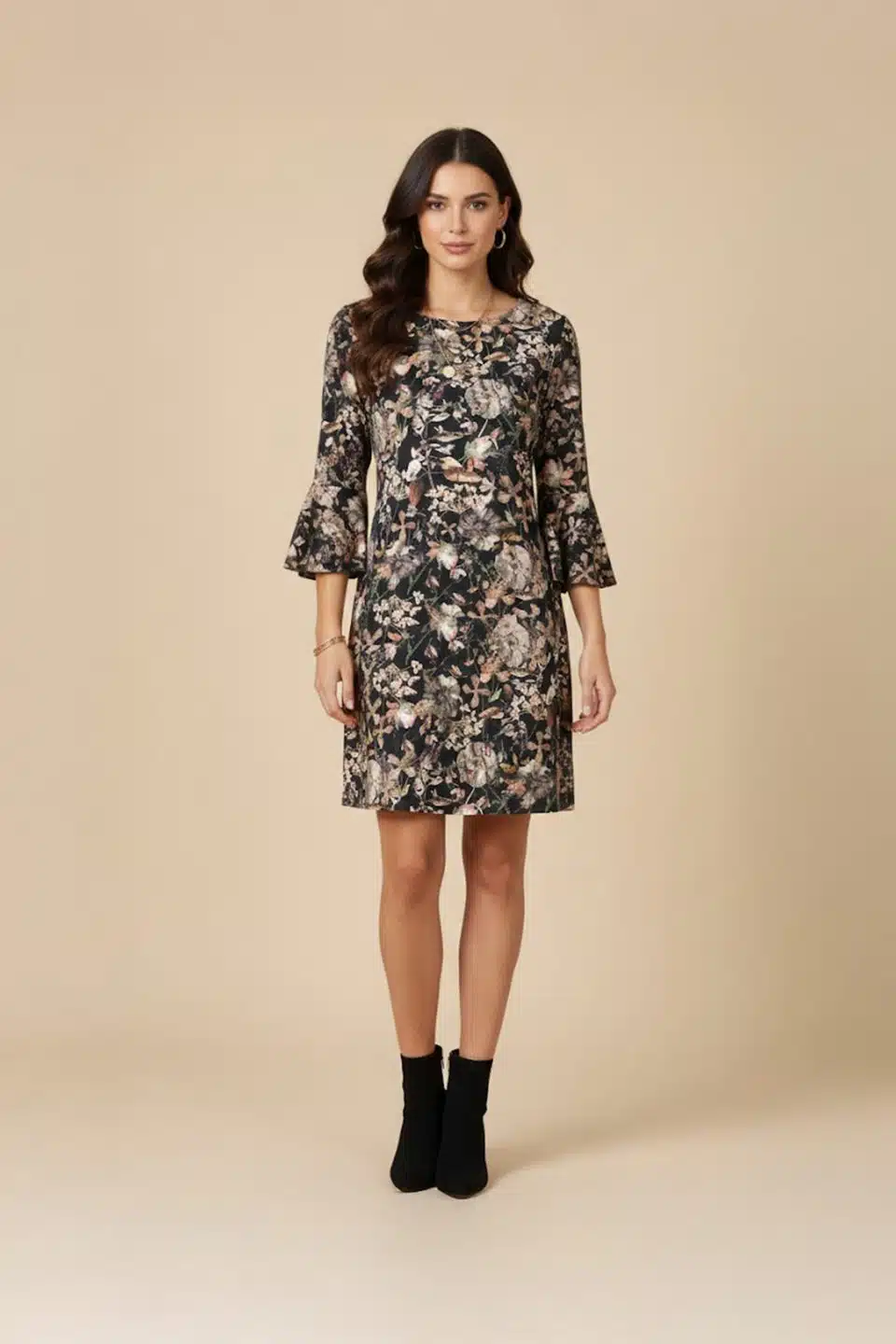 Black Botanical Print Shift Dress with Bell Sleeves