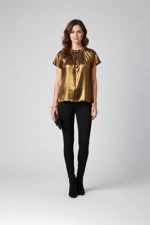 Metallic Gold Top with Short Sleeves and Shimmer Finish in georgette