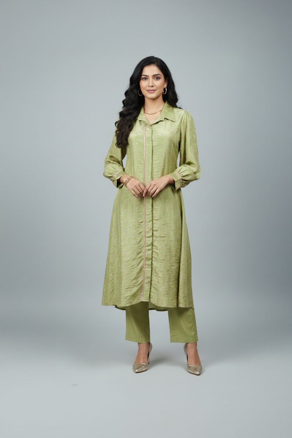 straight fit olive green kurta with pants