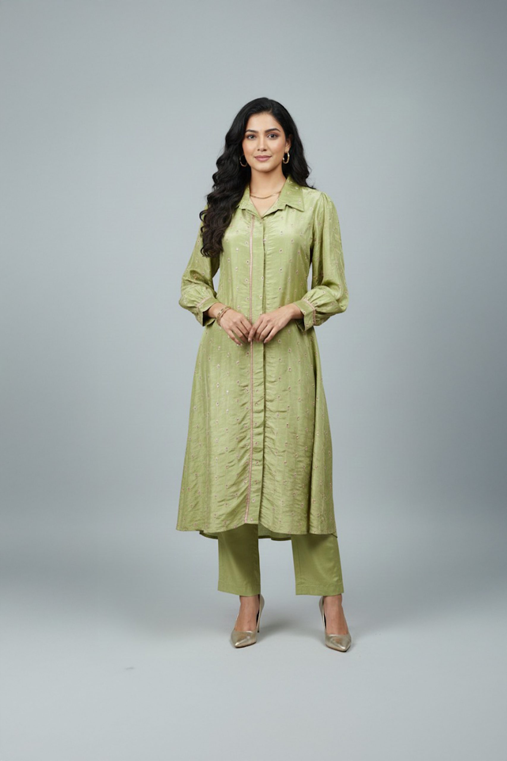 straight fit olive green kurta with pants