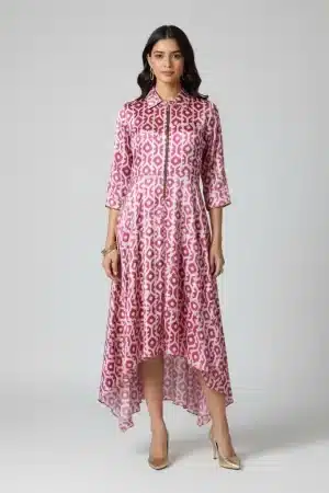 Pink ikat high-low dress for women, full-length front view