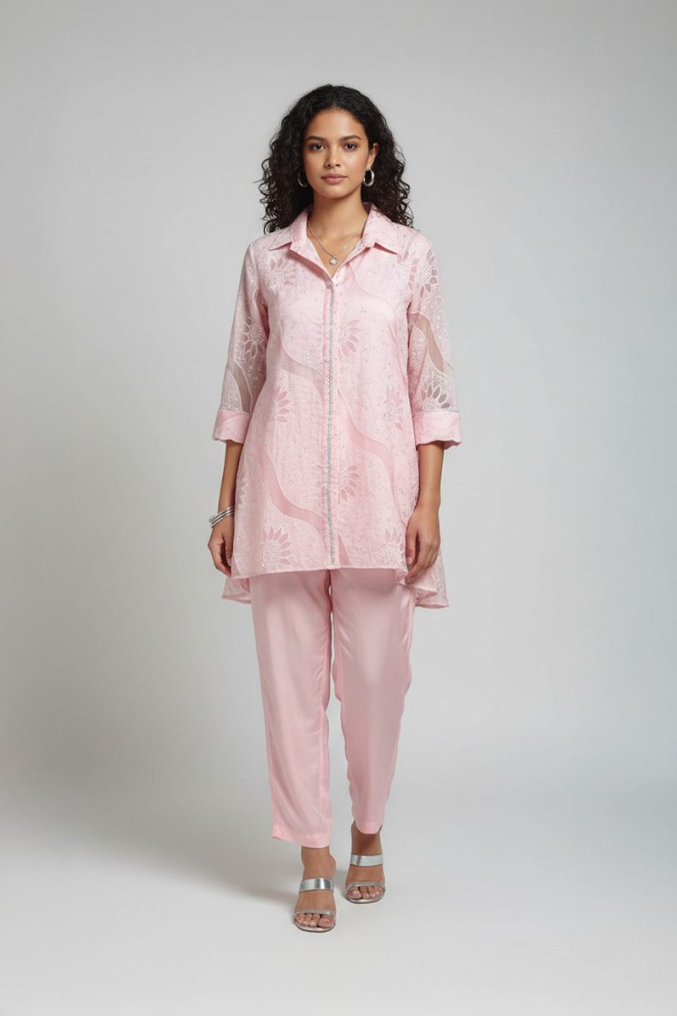 Blush pink organza shirt-style tunic with subtle floral texture paired with matching straight pants – elegant Indo-Western co-ord set by Ivory by Radhika.