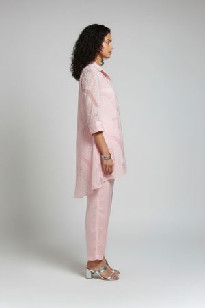 Blush pink organza shirt-style tunic with subtle floral texture paired with matching straight pants – elegant Indo-Western co-ord set by Ivory by Radhika.
