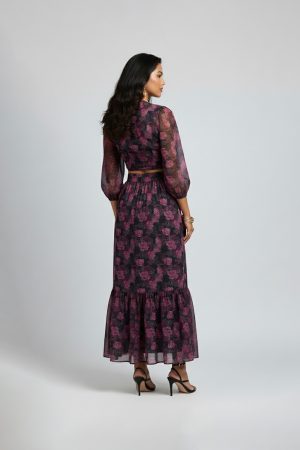 Burgundy floral midi dress with V-neck and sheer sleeves