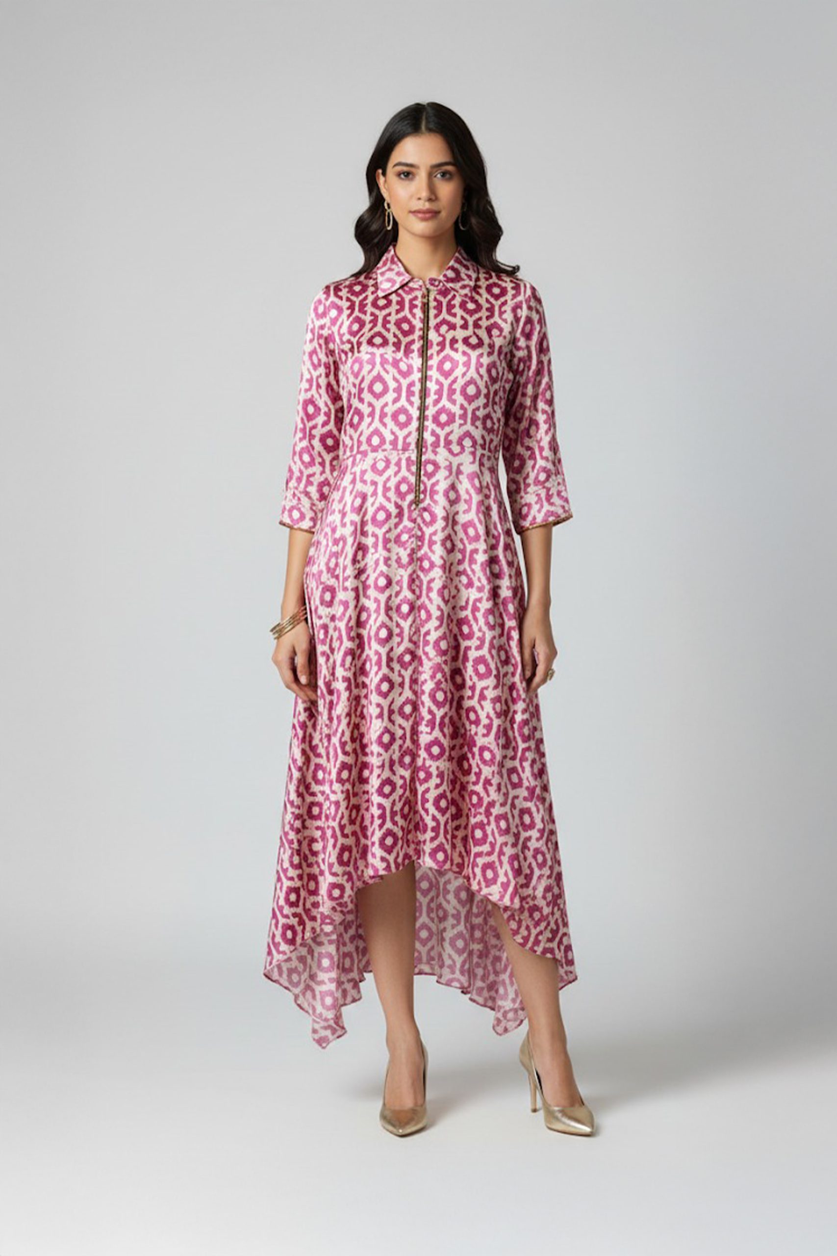 Plus size pink ikat printed high-low dress with three-quarter sleeves and front zip detail