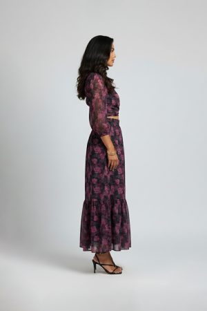 Burgundy floral midi dress with V-neck and sheer sleeves