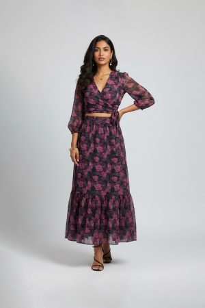 Burgundy floral midi dress with V-neck and sheer sleeves