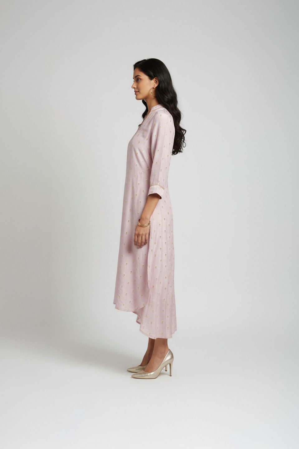 Pastel Pink Kurta Set for women with gold motifs and matching pants