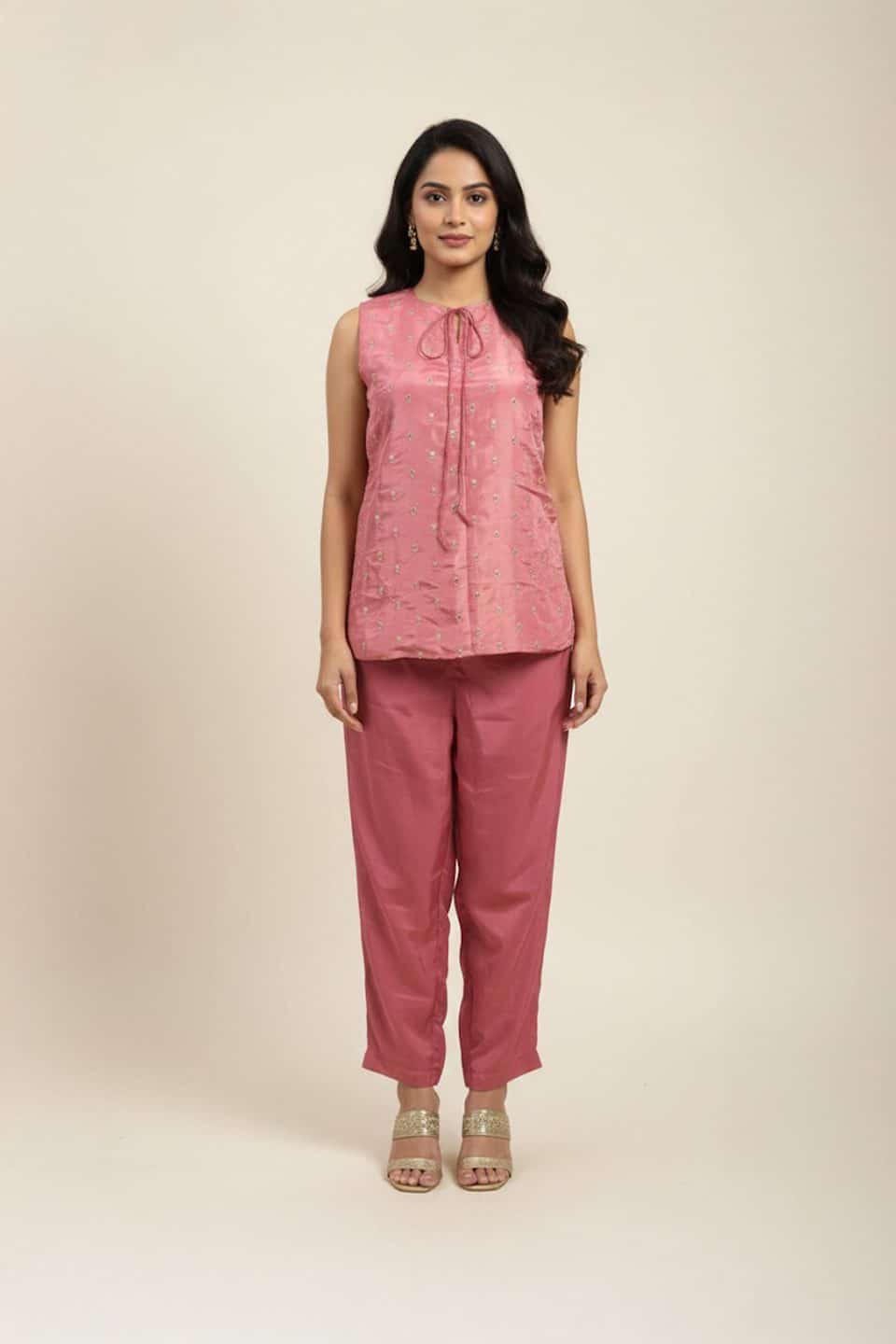 Pink embroidered co-ord set for women with sleeveless tie-neck kurta top and straight pants