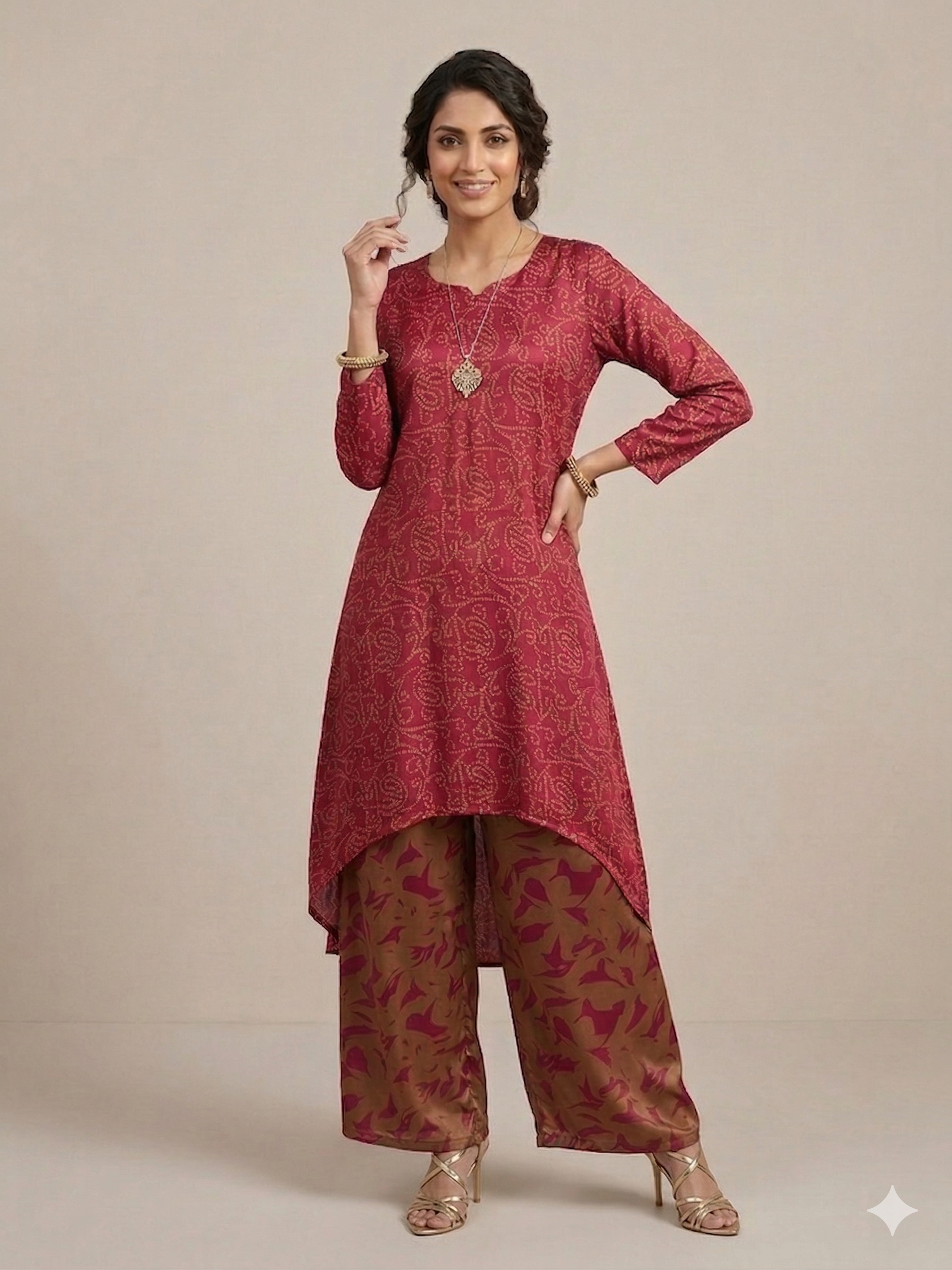Maroon Indo Western set with asymmetric kurta and printed palazzo
