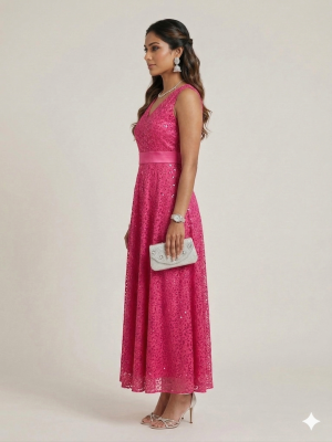 Pink lace dress with sleeveless design and midi length