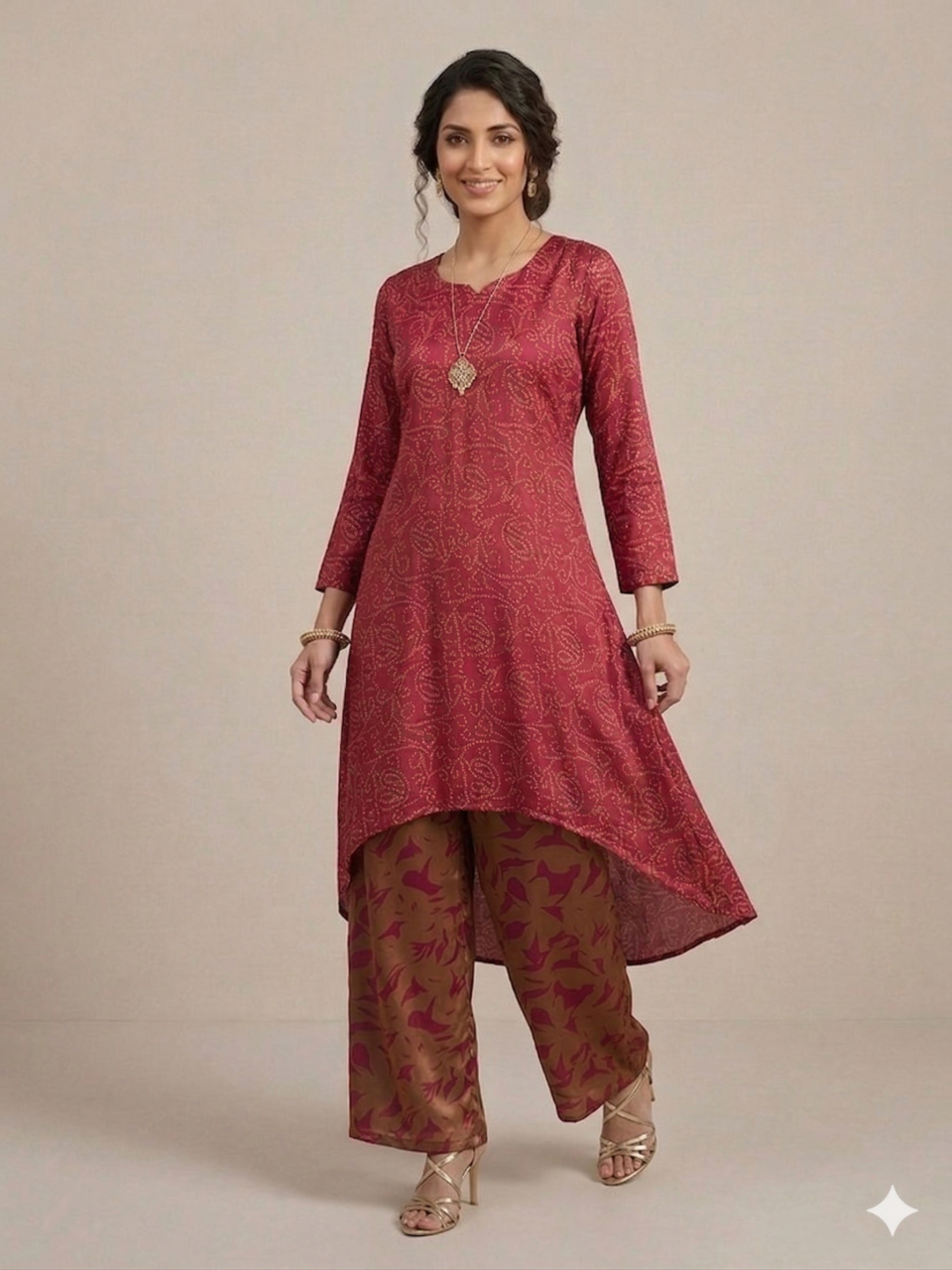 Maroon Indo Western set with asymmetric kurta and printed palazzo
