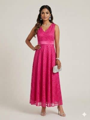 Pink lace dress with sleeveless design and midi length