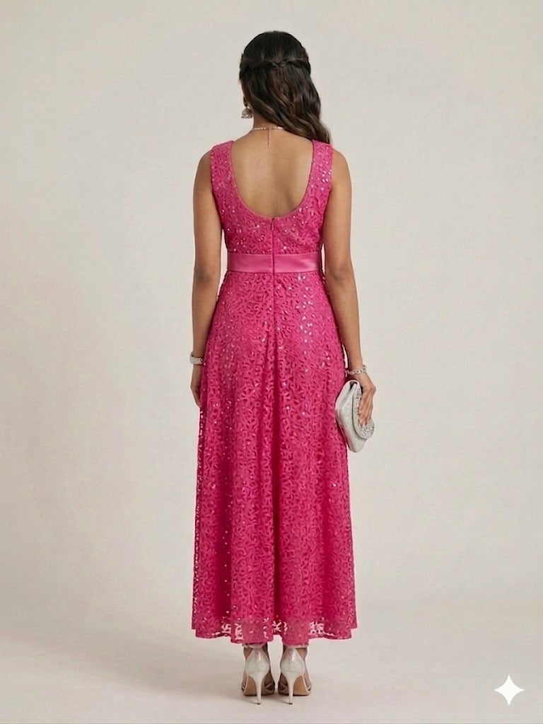 Pink lace dress with sleeveless design and midi length