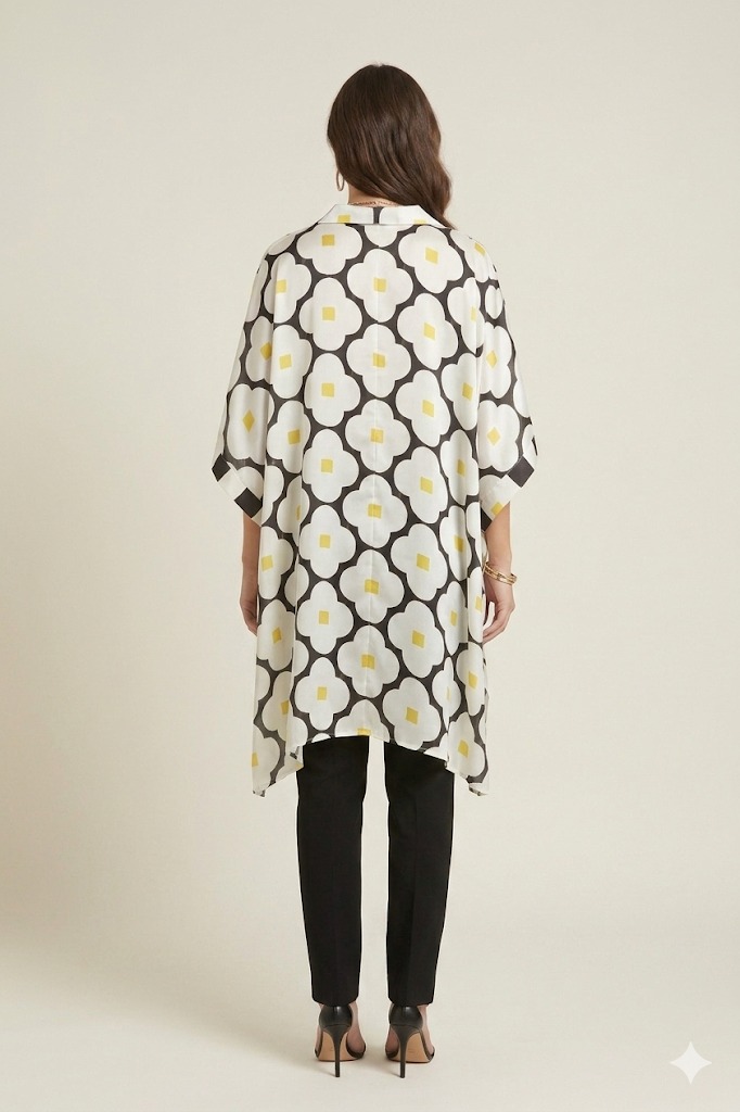 Woman wearing a black and white oversized floral printed tunic with yellow accents, featuring a relaxed silhouette and V-neckline, paired with slim black trousers and heels.