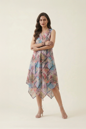 Woman wearing a pastel abstract floral printed sleeveless midi dress with an asymmetrical handkerchief hem, styled with strappy heels against a neutral background.