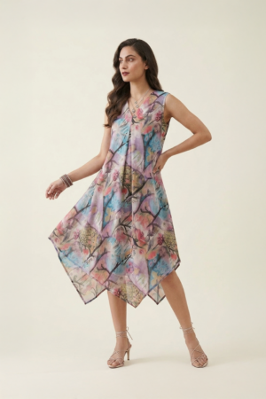 Woman wearing a pastel abstract floral printed sleeveless midi dress with an asymmetrical handkerchief hem, styled with strappy heels against a neutral background.