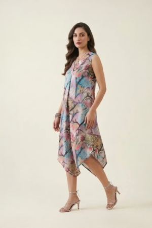 Woman wearing a pastel abstract floral printed sleeveless midi dress with an asymmetrical handkerchief hem, styled with strappy heels against a neutral background.