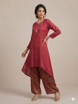Maroon Indo Western set with asymmetric kurta and printed palazzo