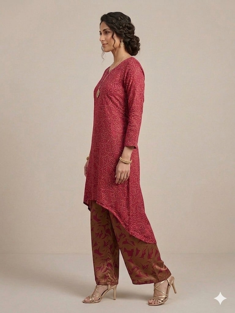 Maroon Indo Western set with asymmetric kurta and printed palazzo