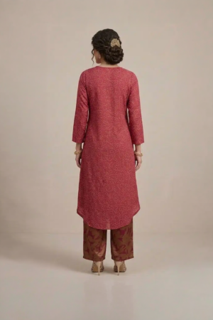Maroon Indo Western set with asymmetric kurta and printed palazzo
