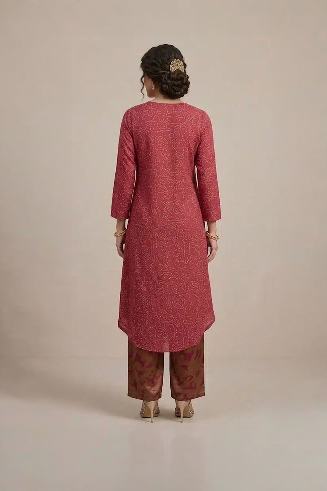 Maroon Indo Western set with asymmetric kurta and printed palazzo
