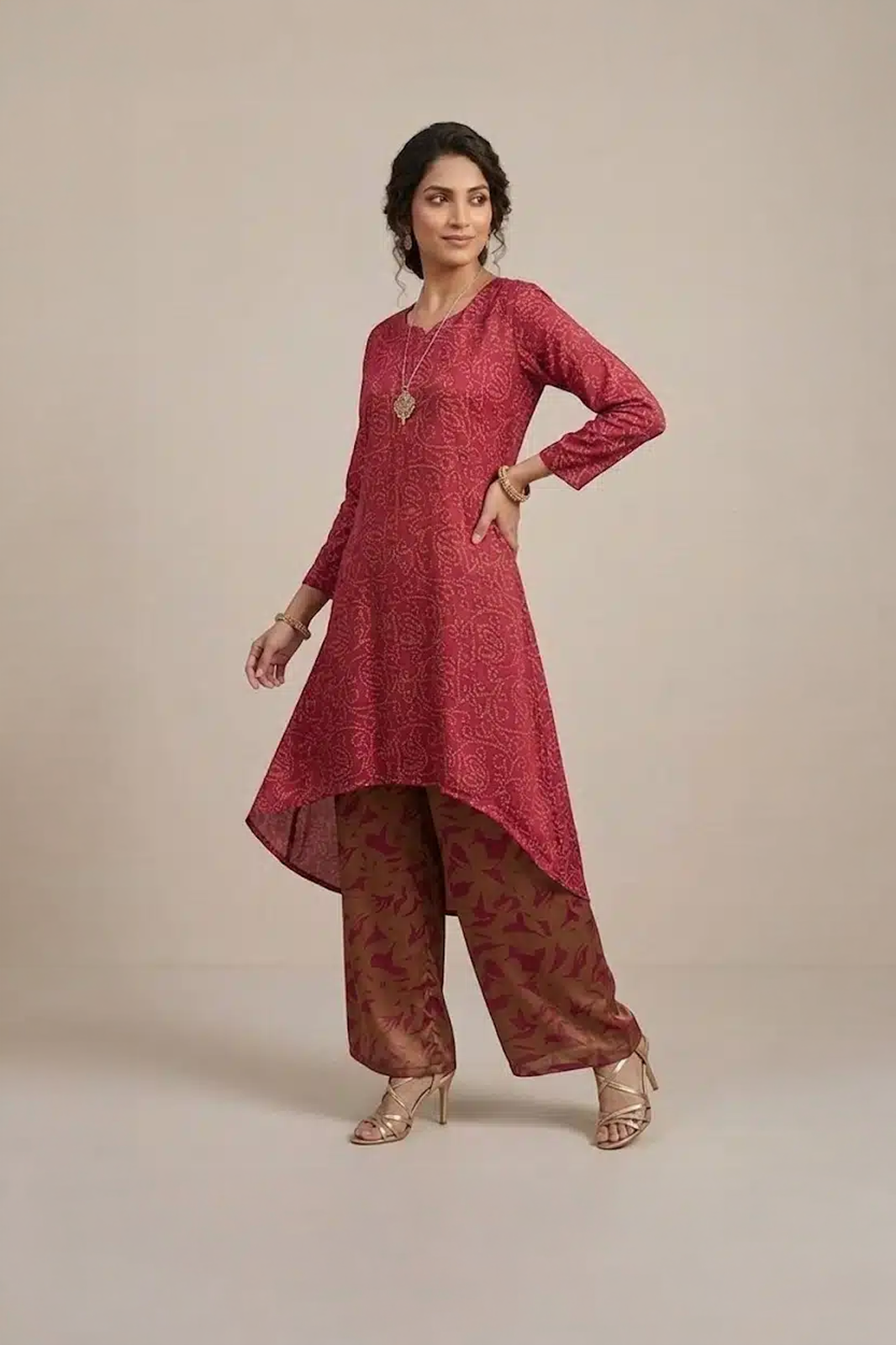 Maroon Indo Western set with asymmetric kurta and printed palazzo