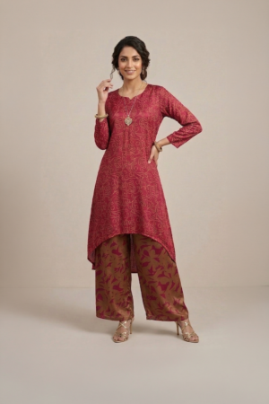 Maroon Indo Western set with asymmetric kurta and printed palazzo