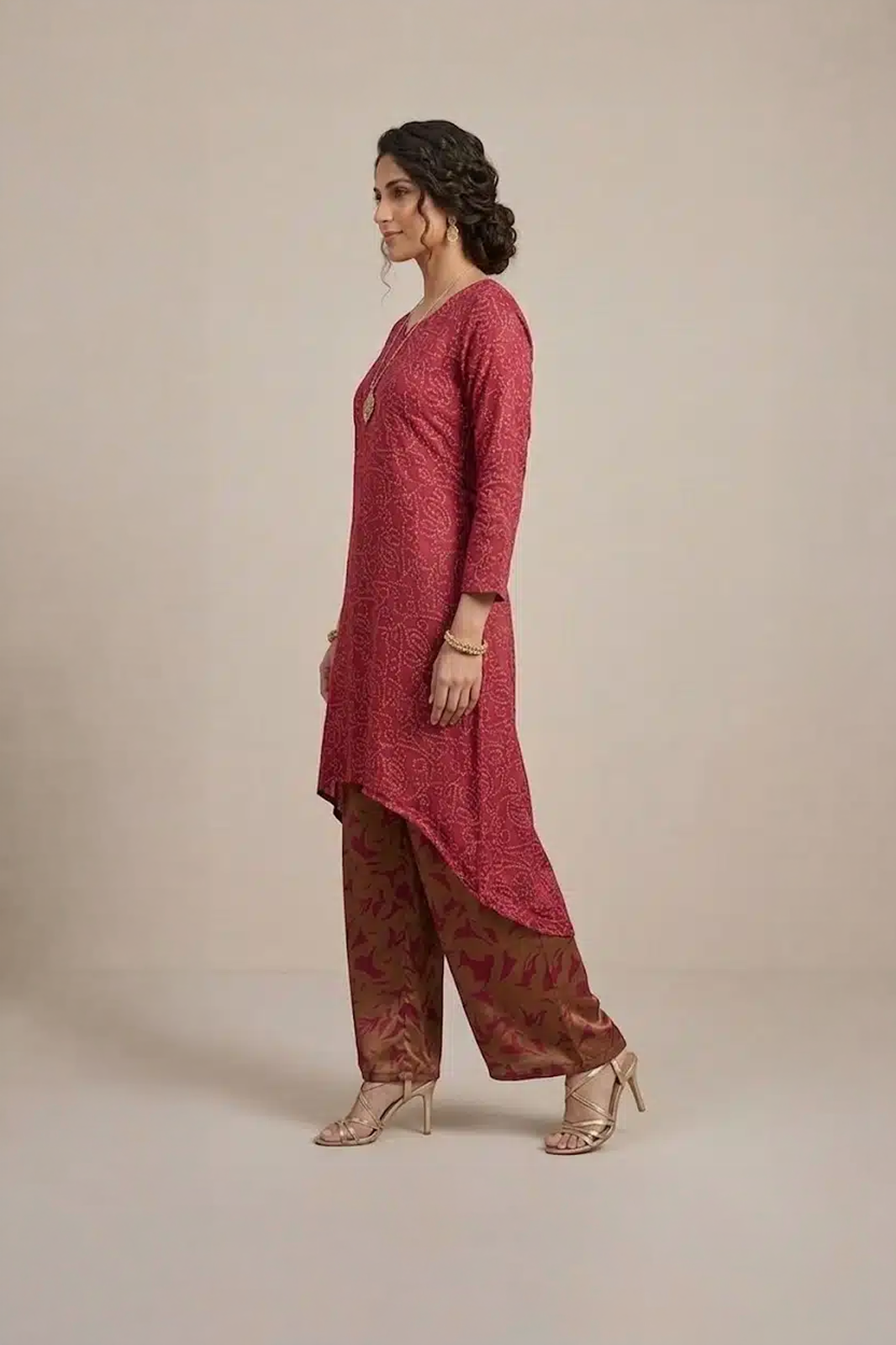 Maroon Indo Western set with asymmetric kurta and printed palazzo