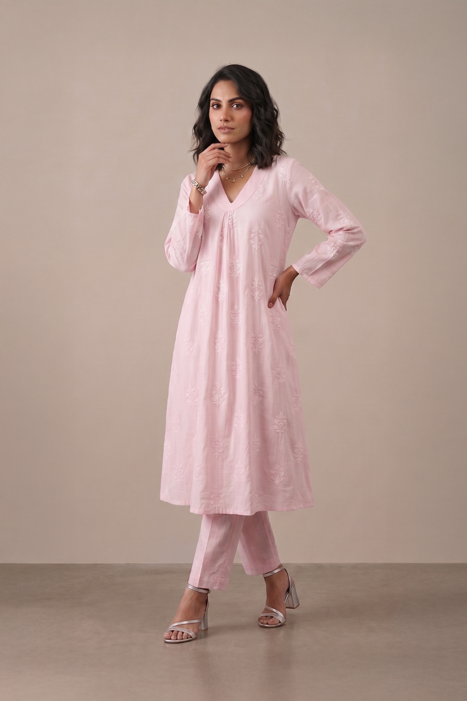 Blush embroidered kurta set for women by Ivory by Radhika