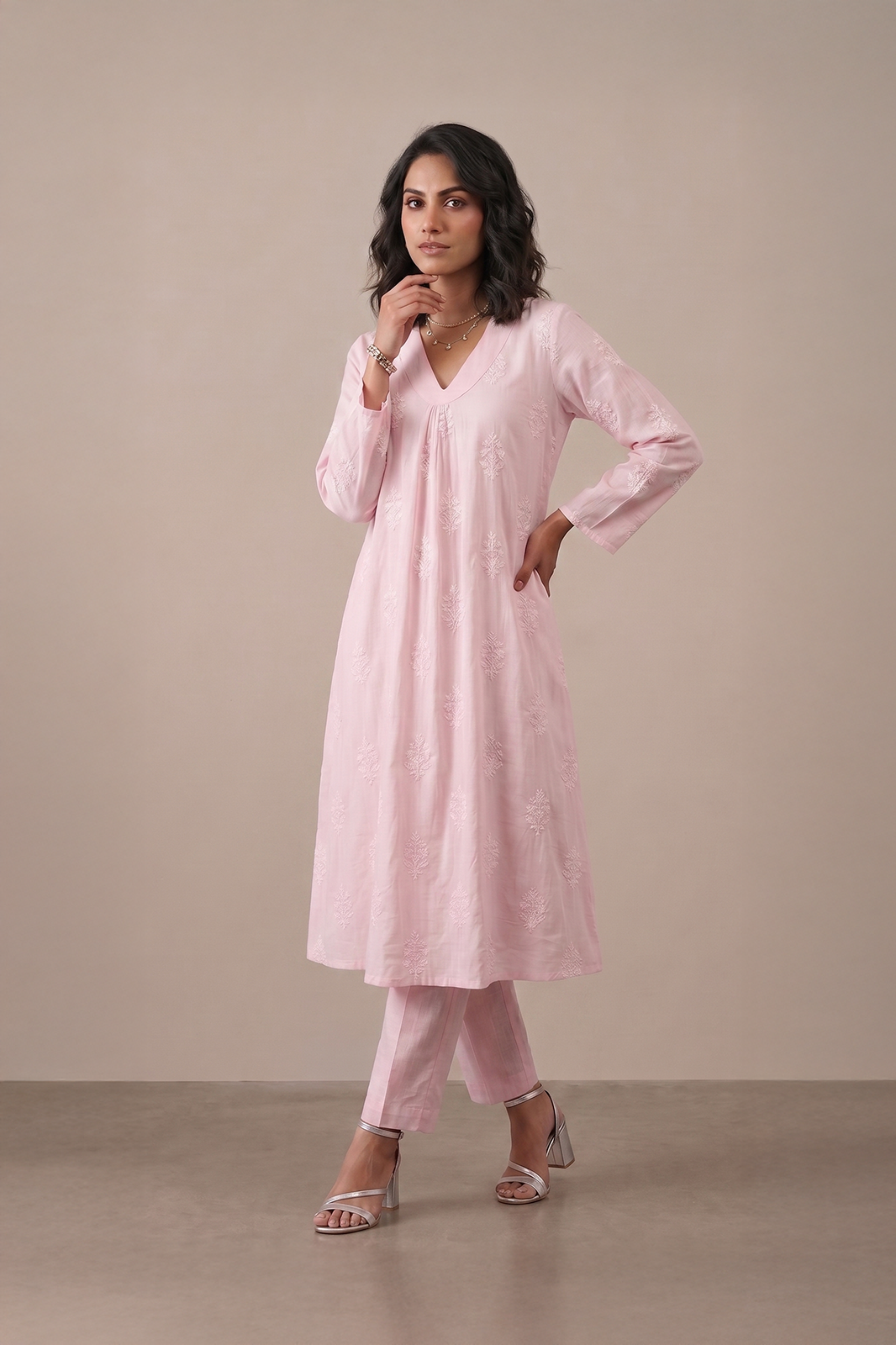 Blush embroidered kurta set for women by Ivory by Radhika