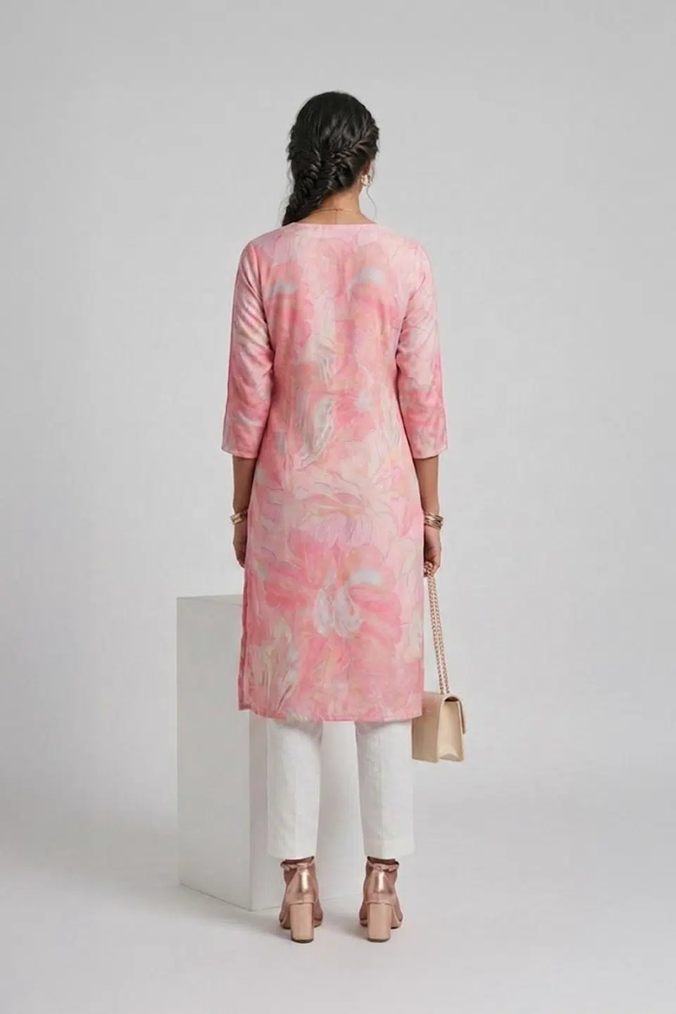 Pink floral linen kurti, back view