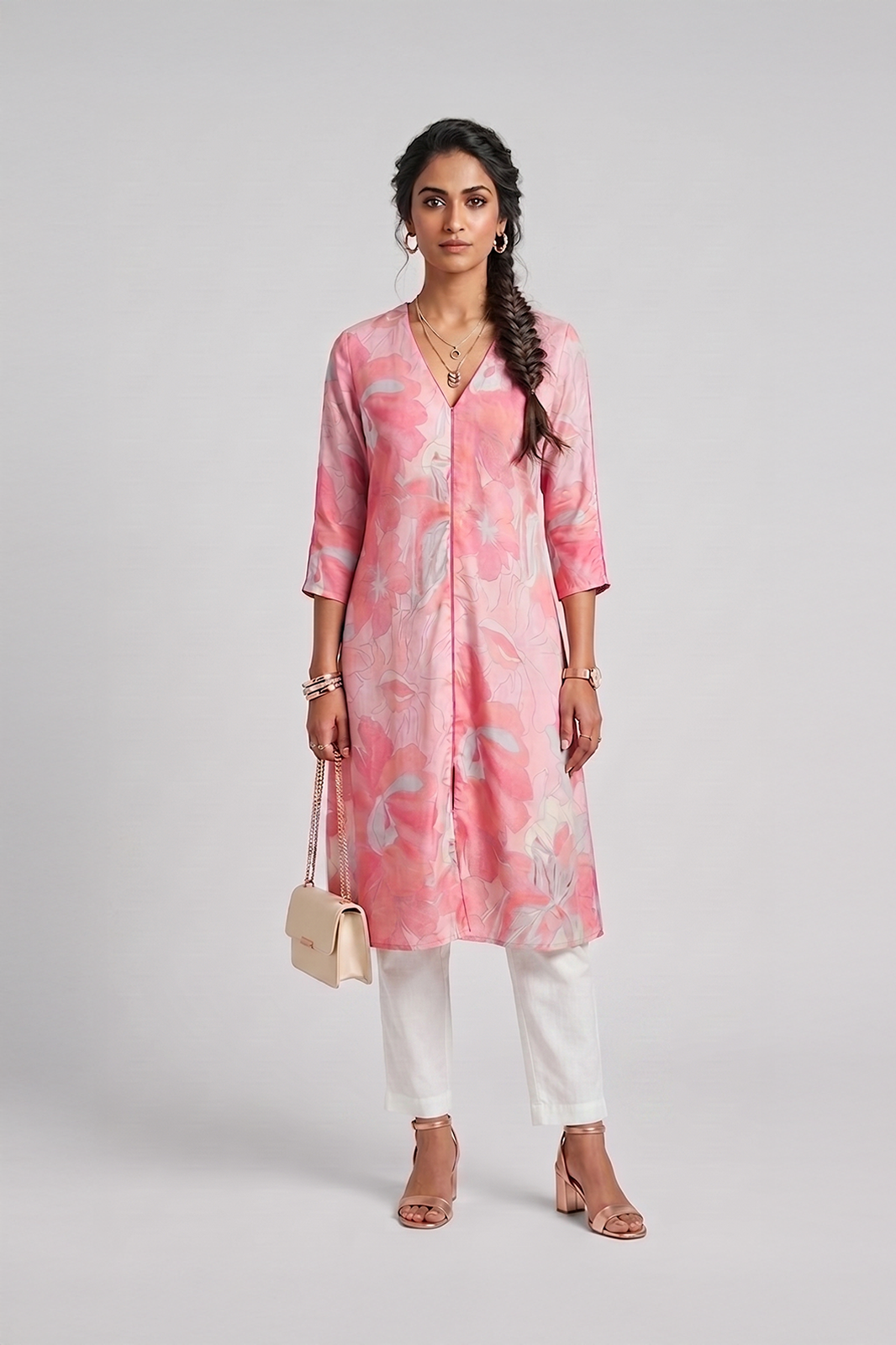 Pink floral V neck dress for women by Ivory by Radhika