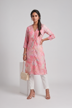 Pink floral V neck dress for women by Ivory by Radhika