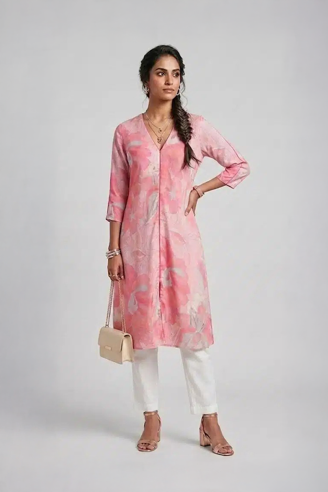 Pink floral V neck dress for women by Ivory by Radhika