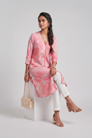 Pink floral V neck dress for women by Ivory by Radhika