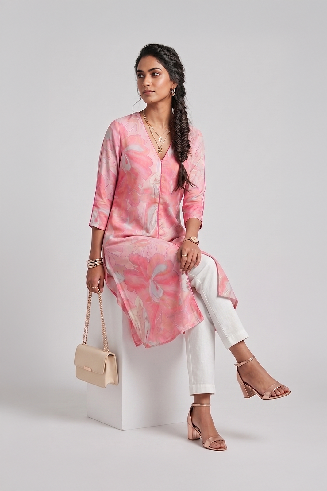 Pink floral V neck dress for women by Ivory by Radhika