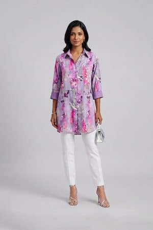 Lavender printed kurta set with white pants for women