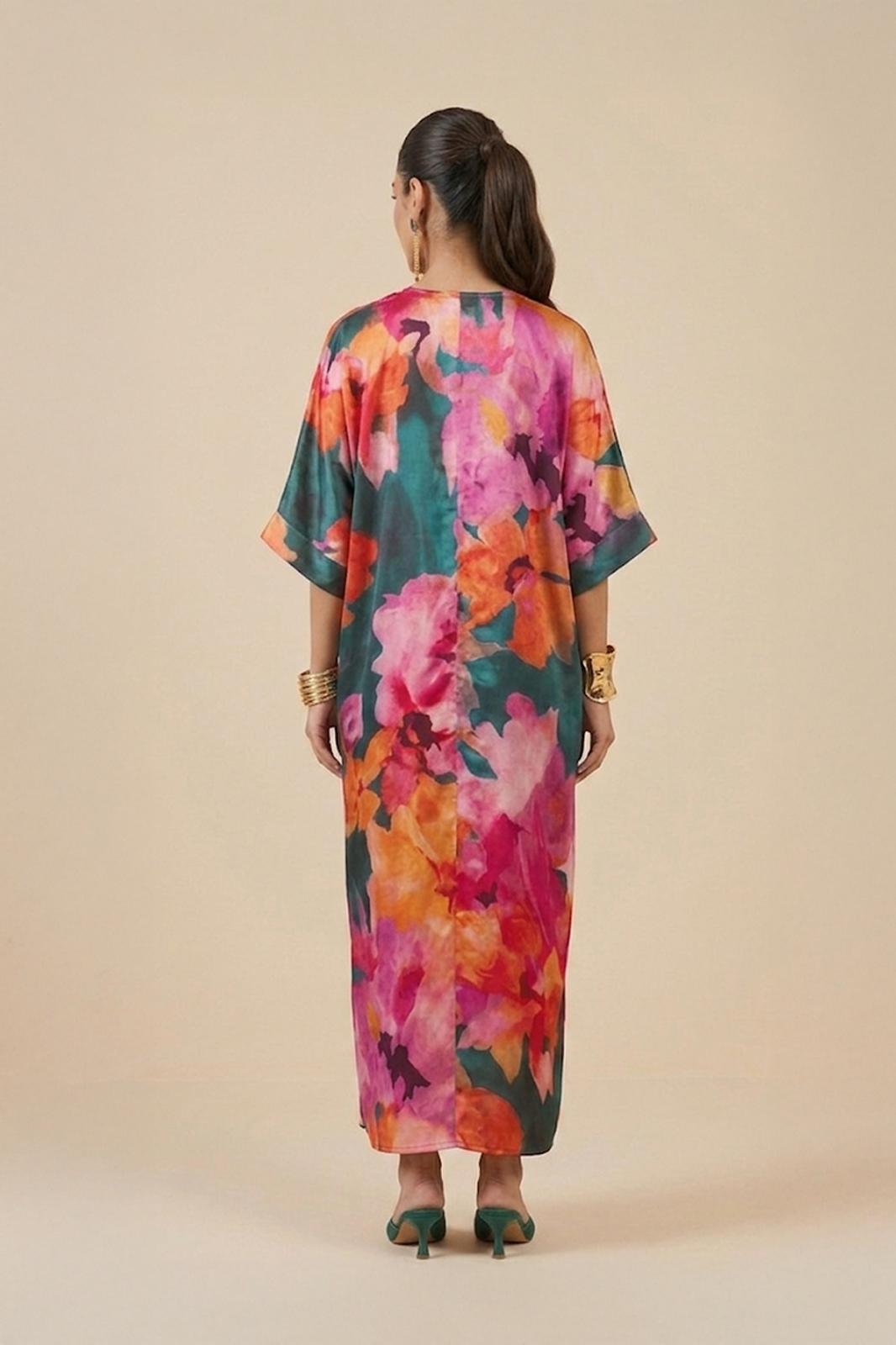 Floral satin kaftan dress for women by Ivory by Radhika
