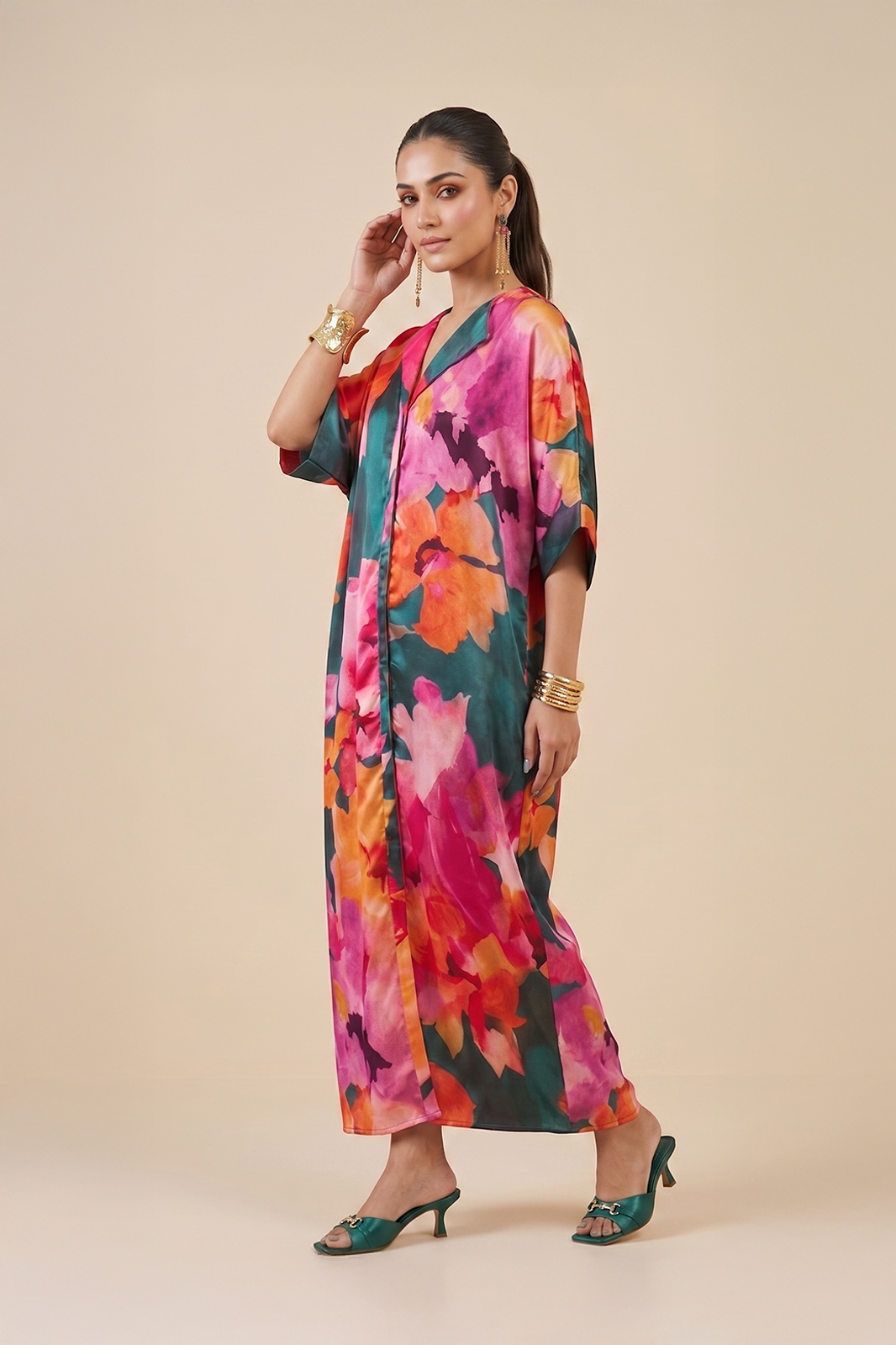 Floral satin kaftan dress for women by Ivory by Radhika