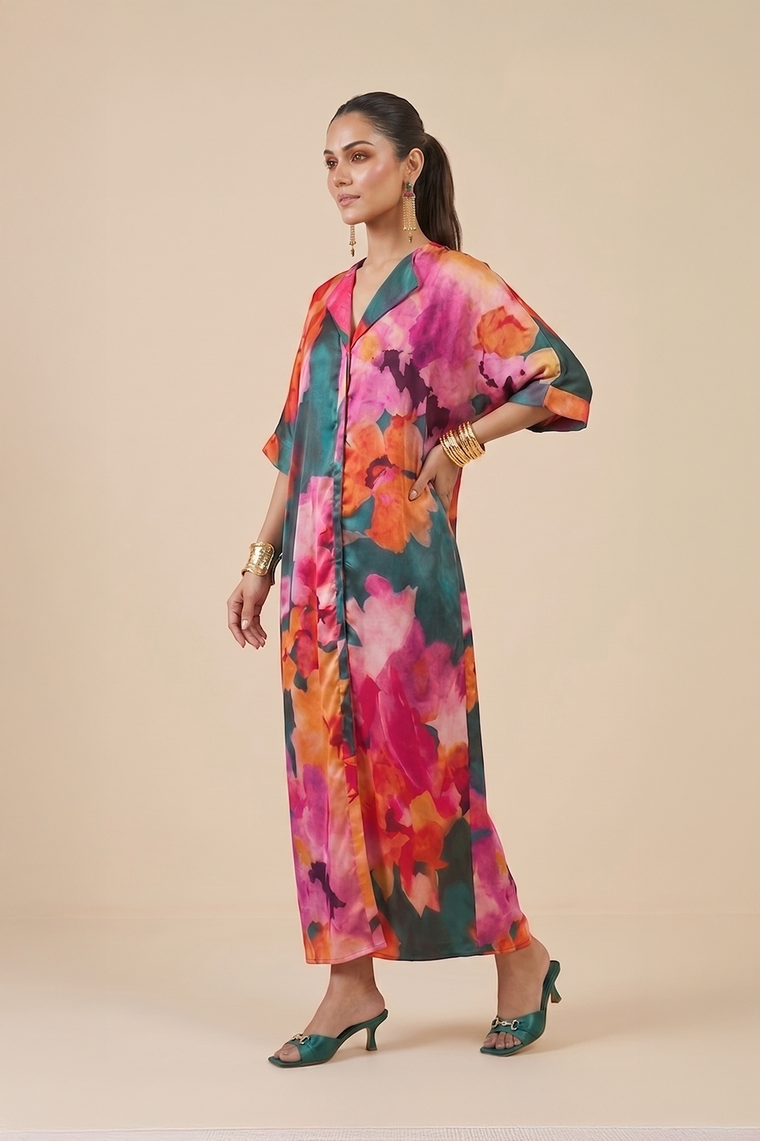 Floral satin kaftan dress for women by Ivory by Radhika