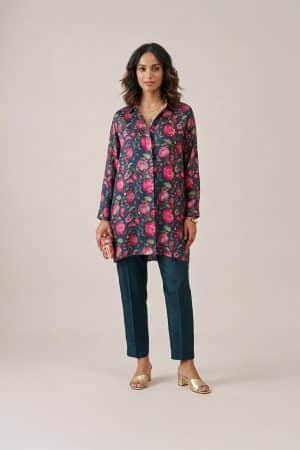 Floral printed shirt dress with botanical pattern and relaxed tunic silhouette