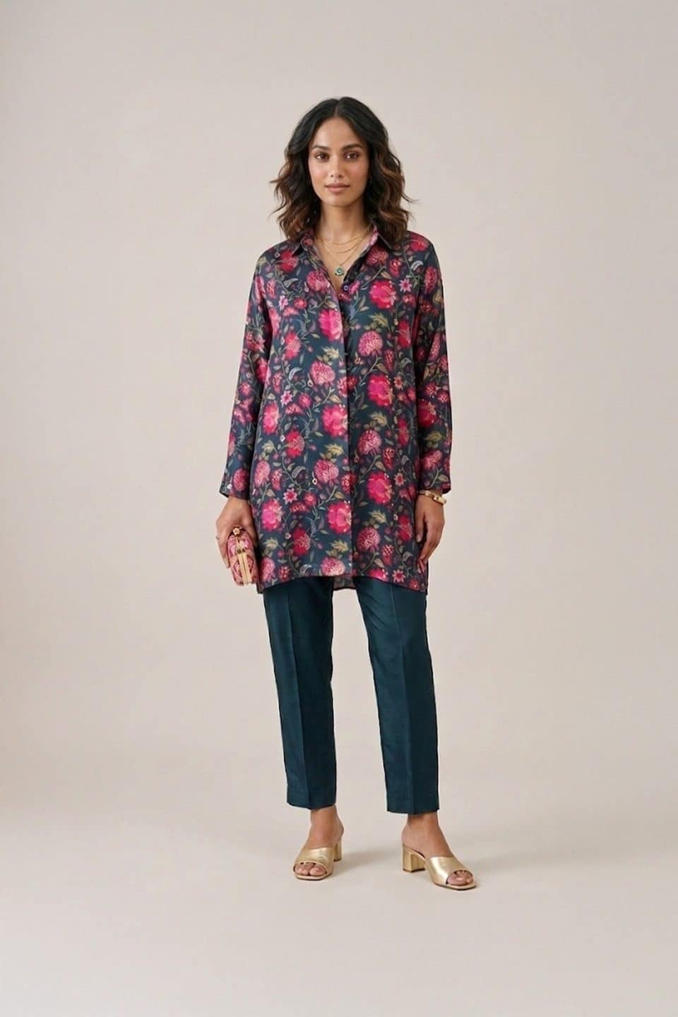 Floral printed shirt dress with botanical pattern and relaxed tunic silhouette