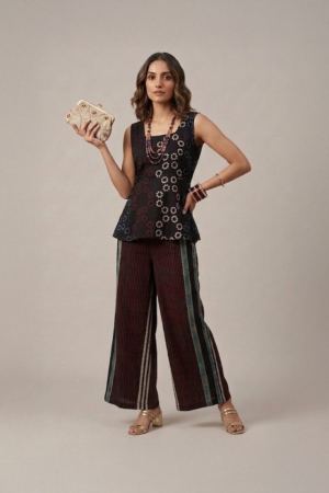 Black Indo Western set with printed sleeveless top and striped palazzo