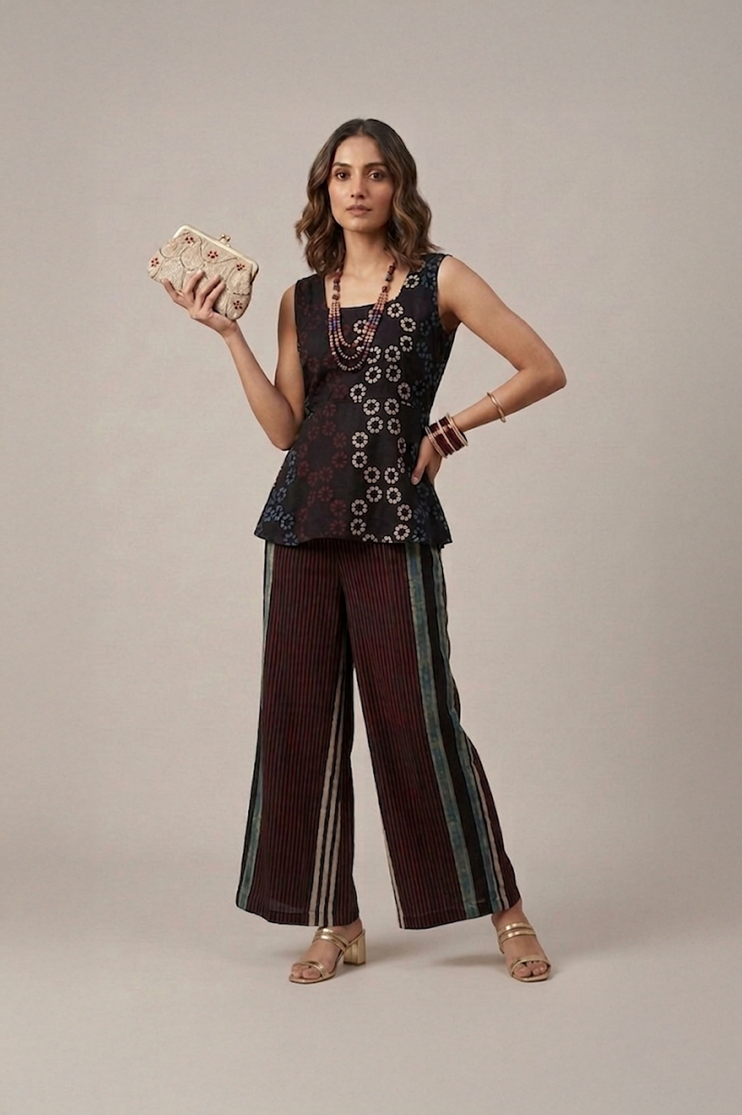 Black Indo Western set with printed sleeveless top and striped palazzo