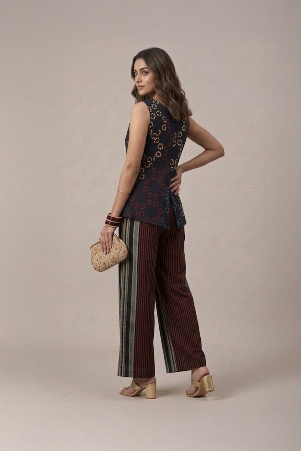 Black Indo Western set with printed sleeveless top and striped palazzo