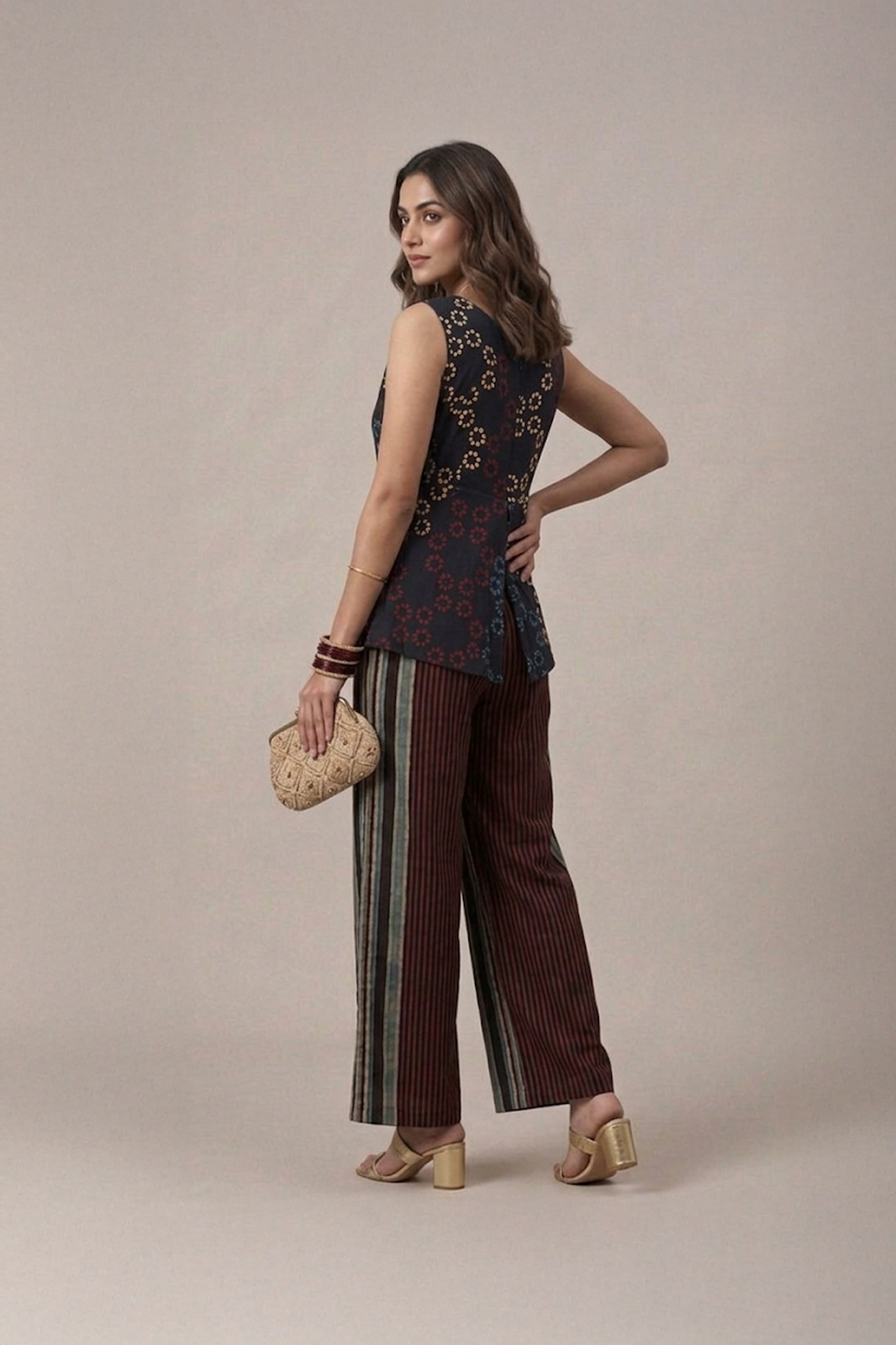 Black Indo Western set with printed sleeveless top and striped palazzo