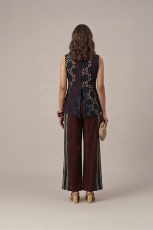 Black Indo Western set with printed sleeveless top and striped palazzo